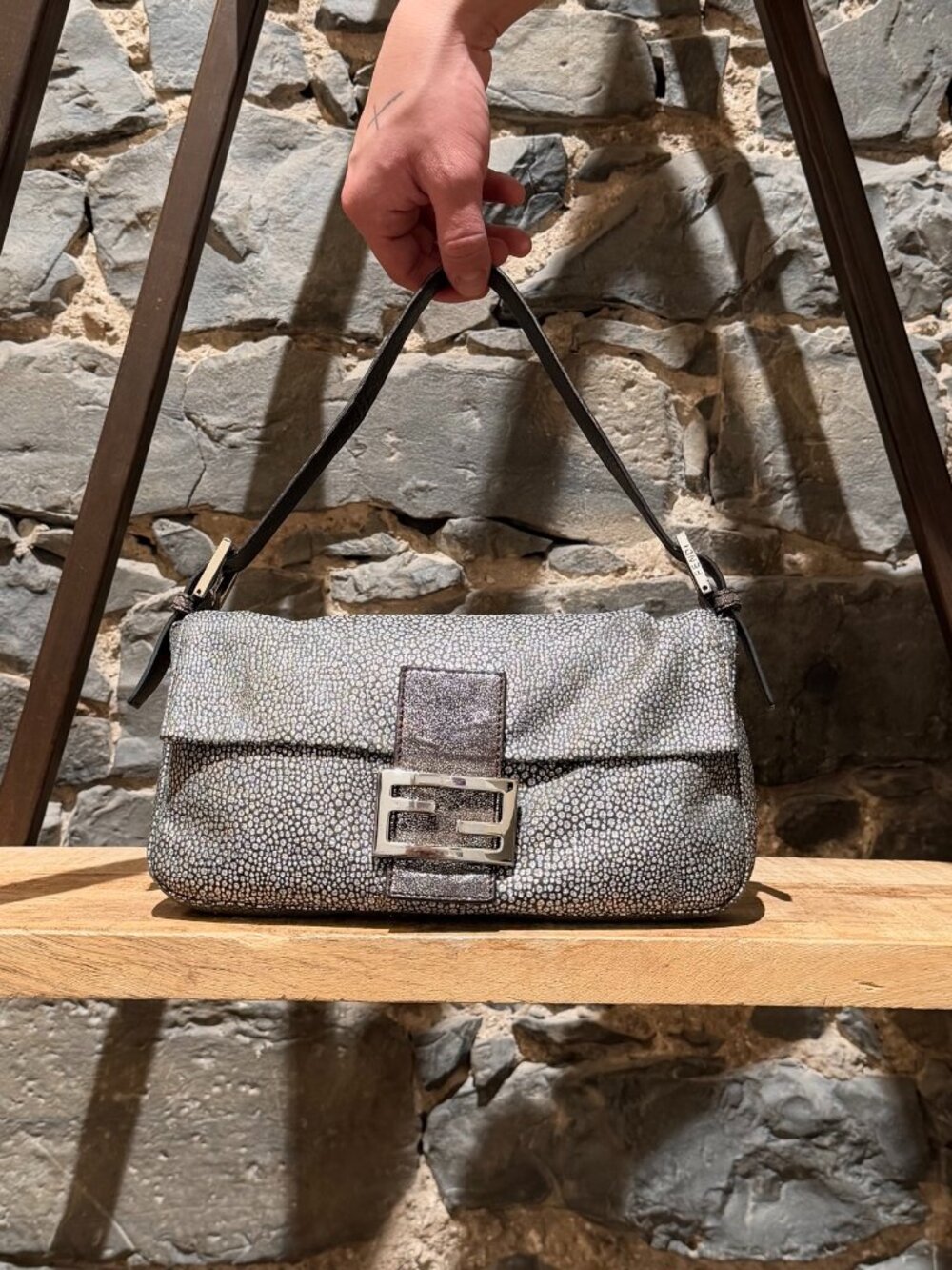 Fendi Silver Metallic Lurex Fabric And Leather FF Baguette Shoulder Bag